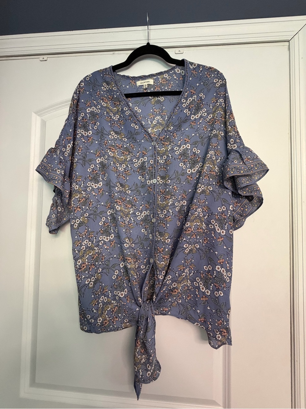 Max Studio Dusty Blue Floral Tie-Front Blouse